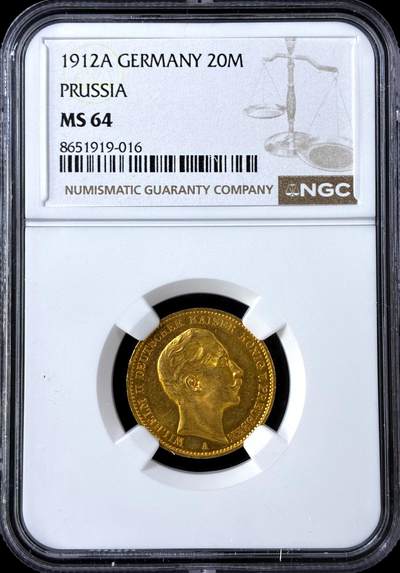 【雨安】【直播拍卖】【评级币章-132期】 2026-04-25 周六 19:30 (金价1050, 银价18.60)  [评级金铂] Germany [金币] 德国 帝国 J.252 Prussia普鲁士 20马克 (1890-1913) 威廉二世 1912年  NGC-MS64