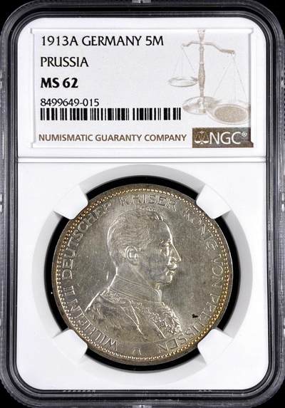 【雨安】【直播拍卖】【评级币章-132期】 2026-04-25 周六 19:30 (金价1050, 银价18.60)  [评级德国] Germany 德国 帝国 J.114 普鲁士 5马克 (1913-1914) 军装 1913年  NGC-MS62