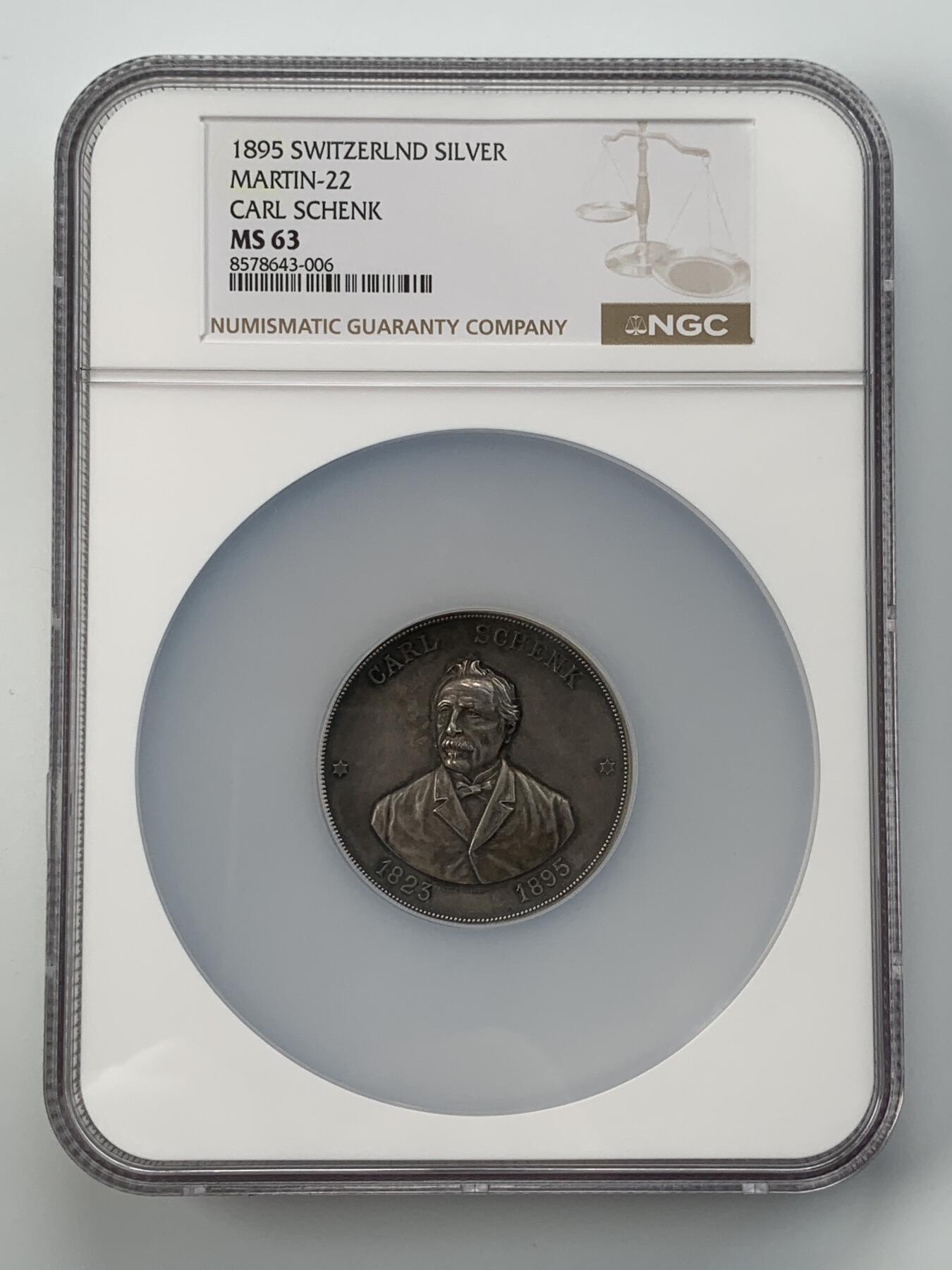 掌中浮雕-藏着的欧洲第059场 NGC MS63 : 1895年瑞士政治家约翰尼·卡尔·埃马纽埃尔·申克纪念银章，章背面记录了他六次担任联邦总统（1865、1871、1874、1878、1885、1893年），47mm