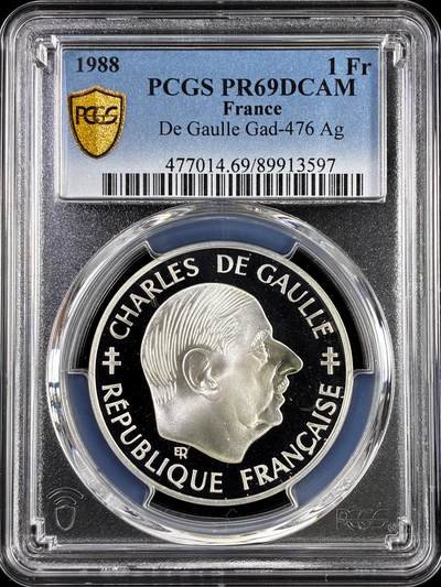 【雨安】【直播拍卖】【评级币章-132期】 2026-04-25 周六 19:30 (金价1050, 银价18.60)  [评级现代] France 法国 1法郎 1988年 戴高乐 PCGS-PR69DCAM 精制币