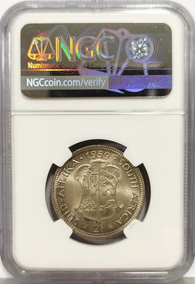 博洋堂“生趣盎然”4月精品专场暨第169期（全场包邮） NGC MS65 英属南非1959年伊丽莎白二世女王2先令银币 少见品种 淡彩包浆 NGC评级冠军分