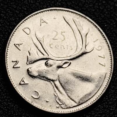 泉币菌-第230场-拍品多 请提前出价 高币值 加拿大1977年1/4加拿大元 伊丽莎白二世 驯鹿 24mm 