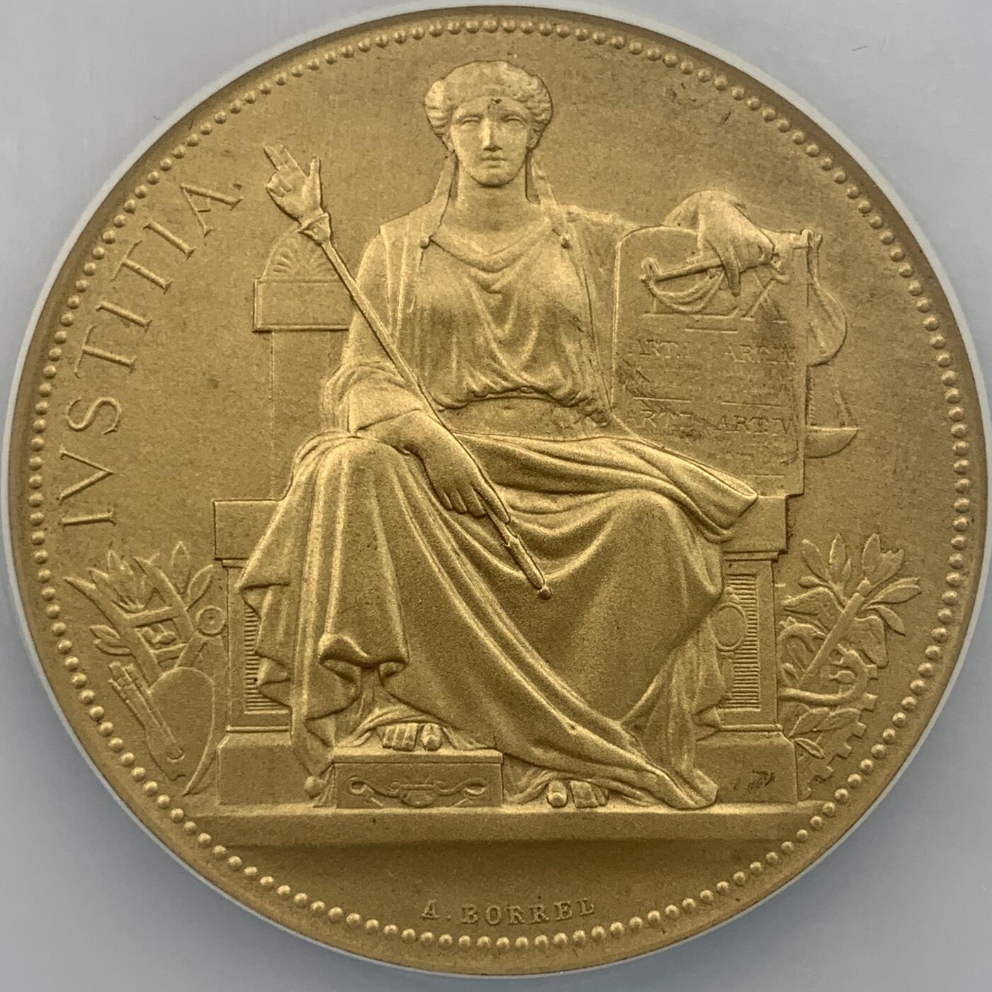 掌中浮雕-藏着的欧洲第059场 NGC MS66 ：1908年法国马赛商业法庭镀金银章，50mm