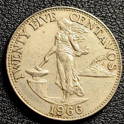 泉币菌-第230场-拍品多 请提前出价 24mm 菲律宾 25分镍币 1966年 火山女神