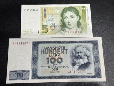 《外钞收藏家》第六百二十九期（精品场）（长期征集拍品、欢迎藏友们联系合作） 1991年德国末版5马克全新+1964年民主德国100马克全新边上轻微潮点