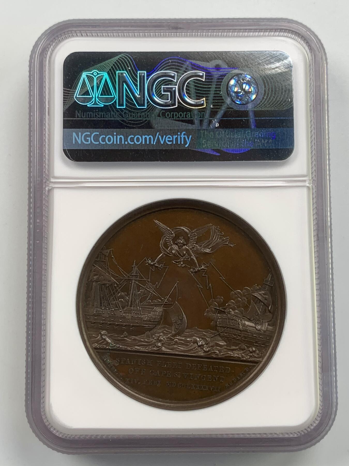 掌中浮雕-藏着的欧洲第059场 NGC MS64 : 1797英国海军圣文森特角海战击败西班牙舰队纪念铜章，41mm，类镜面底板