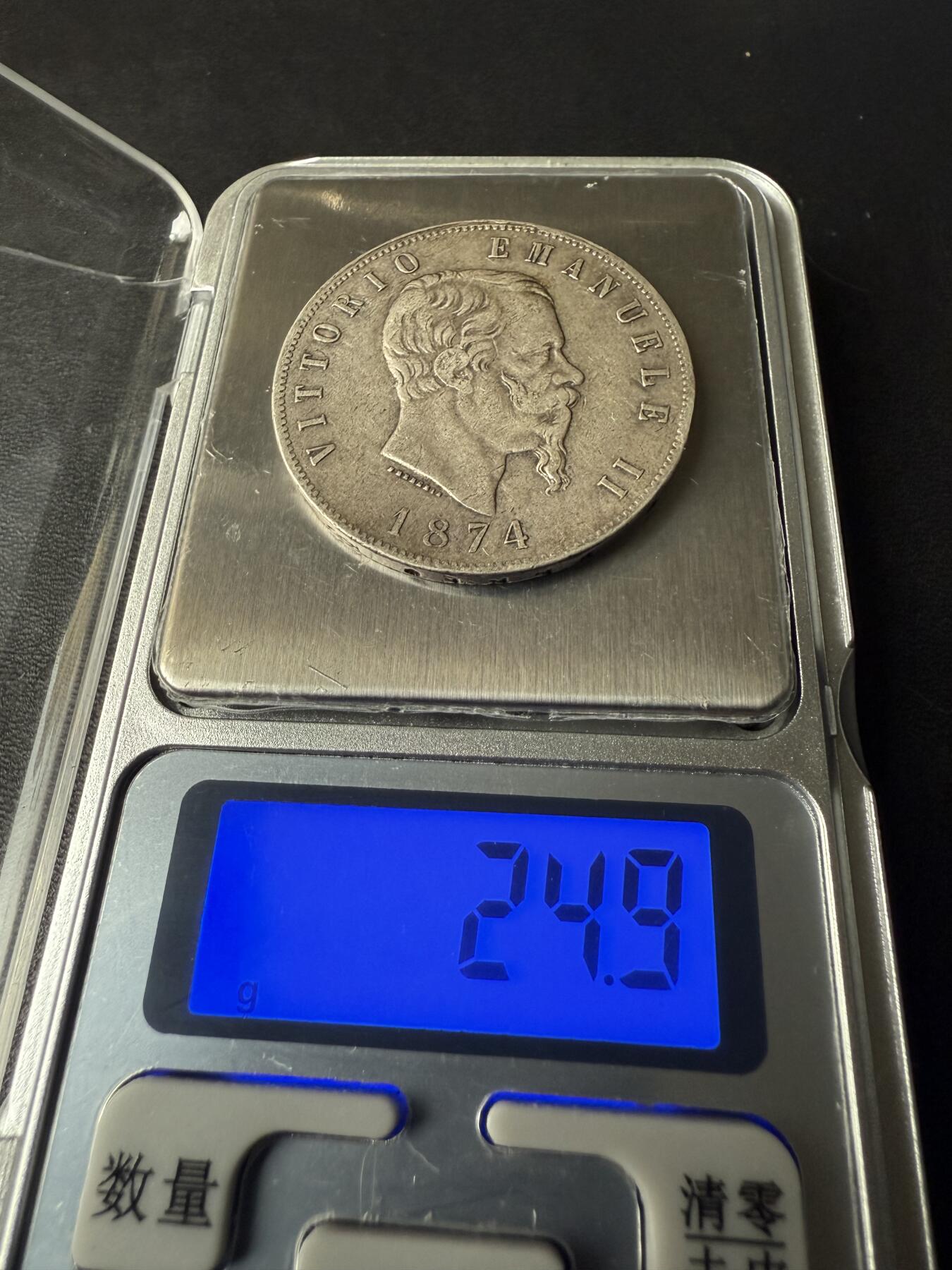 【周六 19:30】乾藏阁外国银币专场・裸币 / 评级币 + 银章铜章 保真包老 1874年意大利王国维托里奥·埃马努埃莱二世5里拉银币