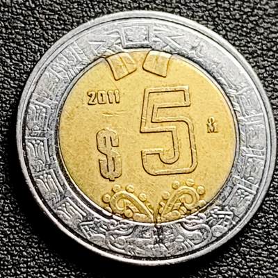 泉币菌-第230场-拍品多 请提前出价 墨西哥 5比索 双色双金属硬币 鹰蛇 玛雅文化 25.7毫米