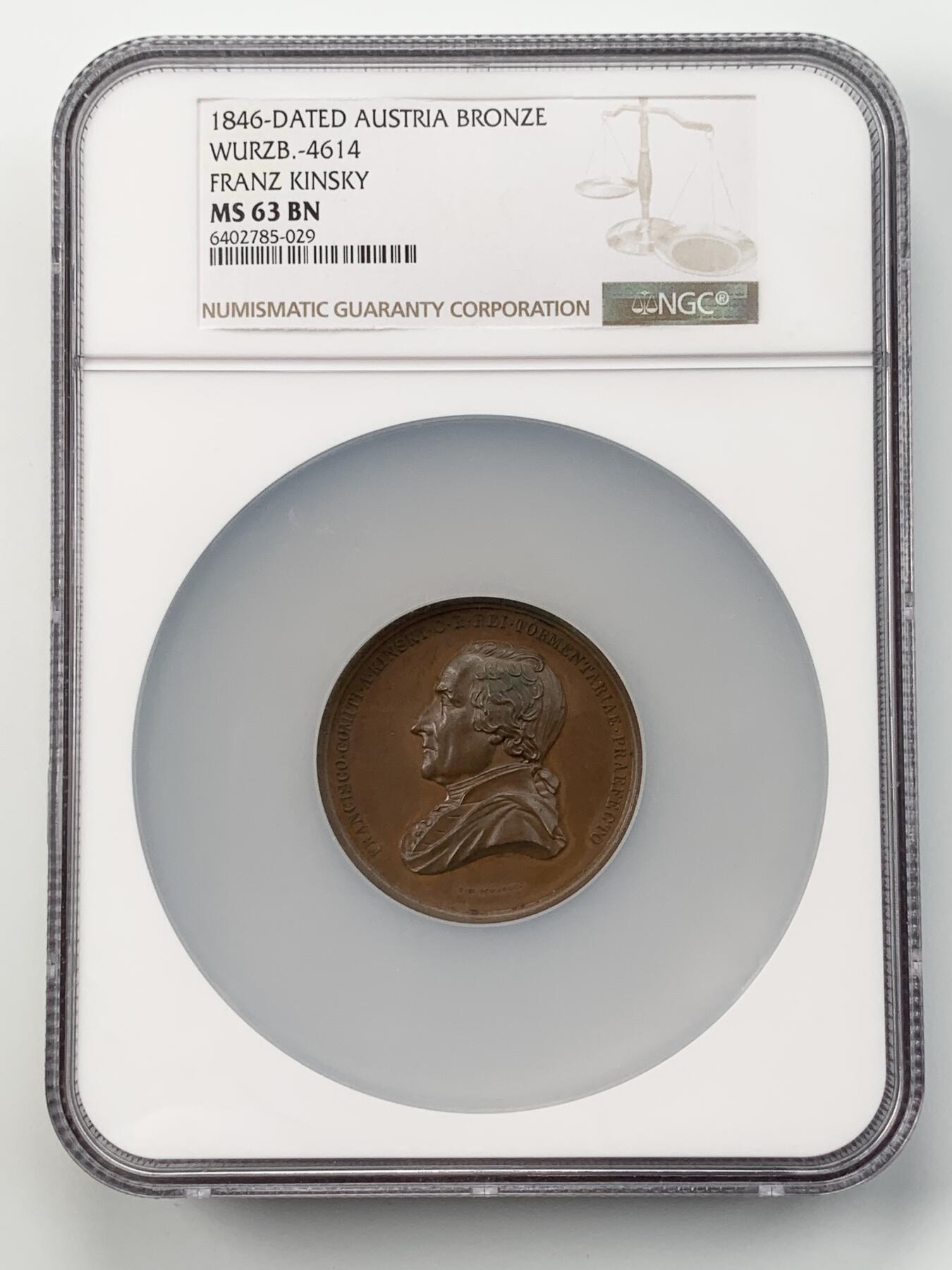 掌中浮雕-藏着的欧洲第059场 NGC MS63：1846年奥地利FRANZ KINSKY伯爵纪念铜章，48mm