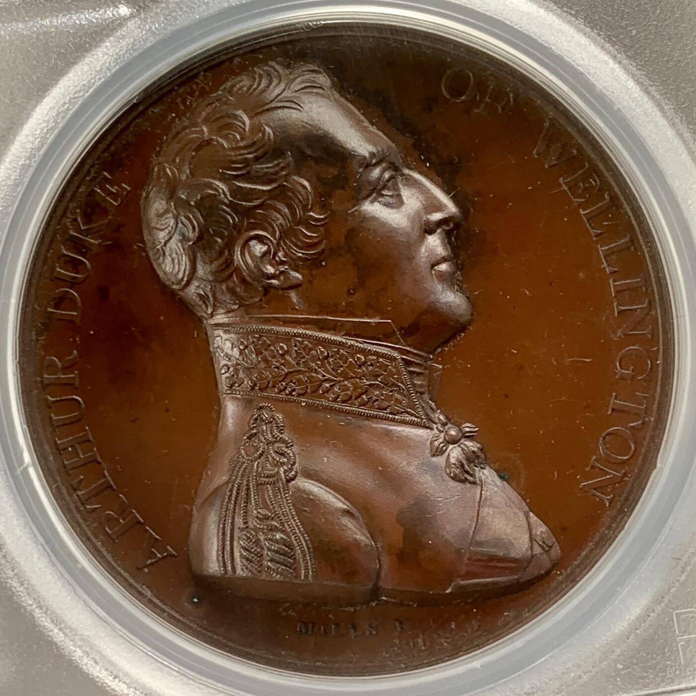 掌中浮雕-藏着的欧洲第059场 PCGS PR64  : 1809年英国惠灵顿公爵塔拉维拉战役胜利纪念铜章 , 41mm, 盒子有裂，不影响密封