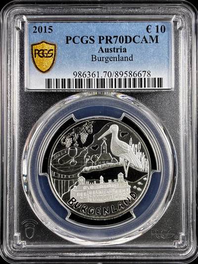 【雨安】【直播拍卖】【评级币章-132期】 2026-04-25 周六 19:30 (金价1050, 银价18.60)  [评级欧元] Austria 欧元 奥地利 10欧元 2015年 布尔根兰州 PCGS-PR70DCAM 精制币