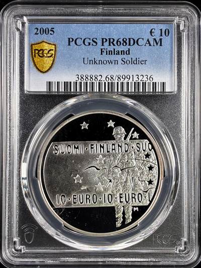 【雨安】【直播拍卖】【评级币章-132期】 2026-04-25 周六 19:30 (金价1050, 银价18.60)  [评级欧元] Finland 欧元 芬兰 10欧元 2005年 战士 PCGS-PR68DCAM 精制币