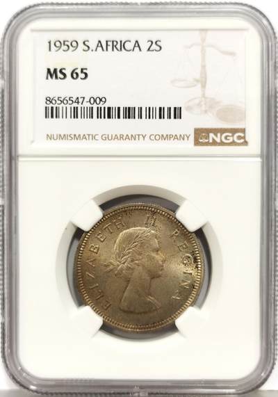 博洋堂“生趣盎然”4月精品专场暨第169期（全场包邮） - NGC MS65 英属南非1959年伊丽莎白二世女王2先令银币 少见品种 淡彩包浆 NGC评级冠军分