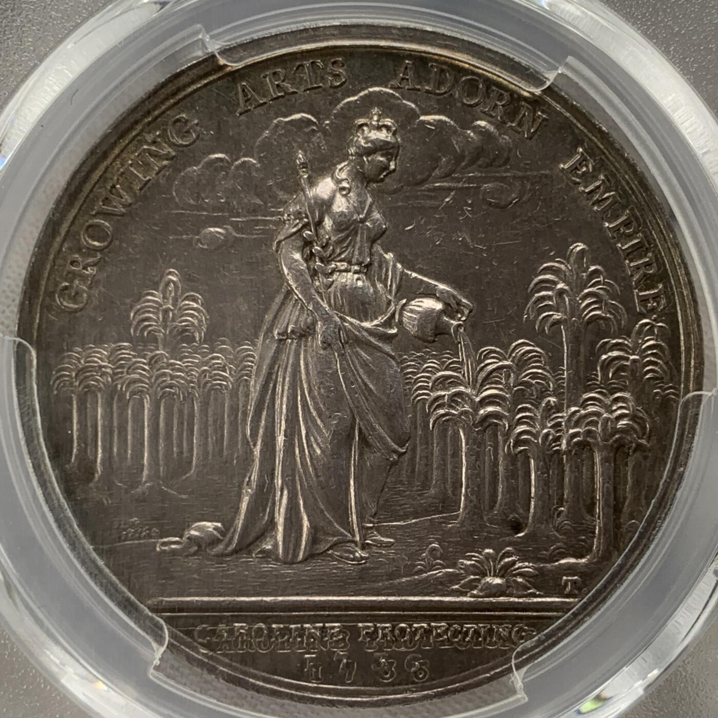 掌中浮雕-藏着的欧洲第059场 PCGS MS61 : 1736年英国乔治二世时期北美殖民地银章，39mm，Eimer-537