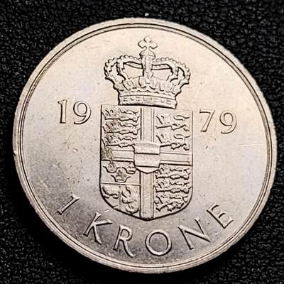 泉币菌-第230场-拍品多 请提前出价 原光 丹麦1979年1克朗 皇冠 玛格丽特二世女王 BB版 铜镍币 25.5mm