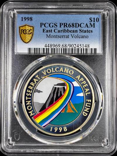 【雨安】【直播拍卖】【评级币章-132期】 2026-04-25 周六 19:30 (金价1050, 银价18.60)  [评级现代] East Caribbean States 东加勒比 10元 1998年 蒙特塞拉特岛苏弗里耶尔火山 PCGS-PR68DCAM 精制币