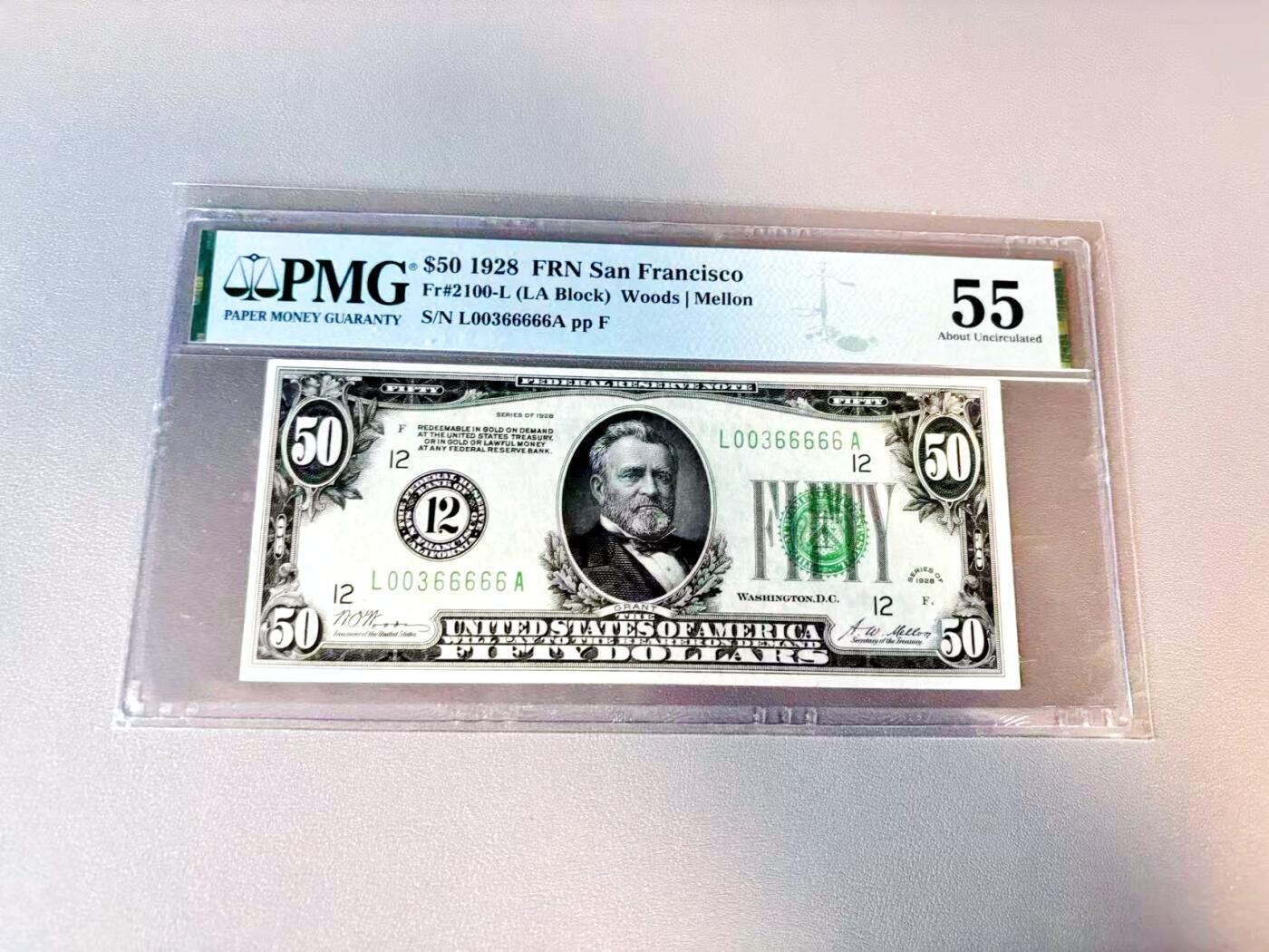 【Blue Auction】世界纸币精拍第812期——18级TOP拍卖/信誉/品质/专业/高效💫 【老虎6 无47】美国 1928年50美金 旧金山版 PMG55