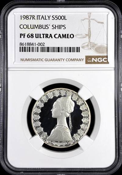 【雨安】【直播拍卖】【评级币章-132期】 2026-04-25 周六 19:30 (金价1050, 银价18.60)  [评级现代] Italy 意大利 500里拉 1987年 NGC-PF68UC 精制币