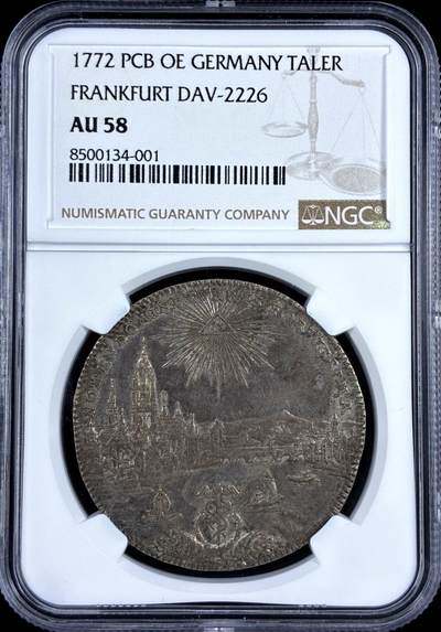 【雨安】【直播拍卖】【评级币章-132期】 2026-04-25 周六 19:30 (金价1050, 银价18.60)  [评级德国] Germany 德国 德意志 1泰勒 Frankfurt法兰克福 KM#0251 (1772) 景观泰勒 1772年  NGC-AU58 原味欧洲包浆, 打制深俊