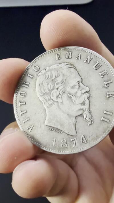 【周六 19:30】乾藏阁外国银币专场・裸币 / 评级币 + 银章铜章 保真包老 1874年意大利王国维托里奥·埃马努埃莱二世5里拉银币