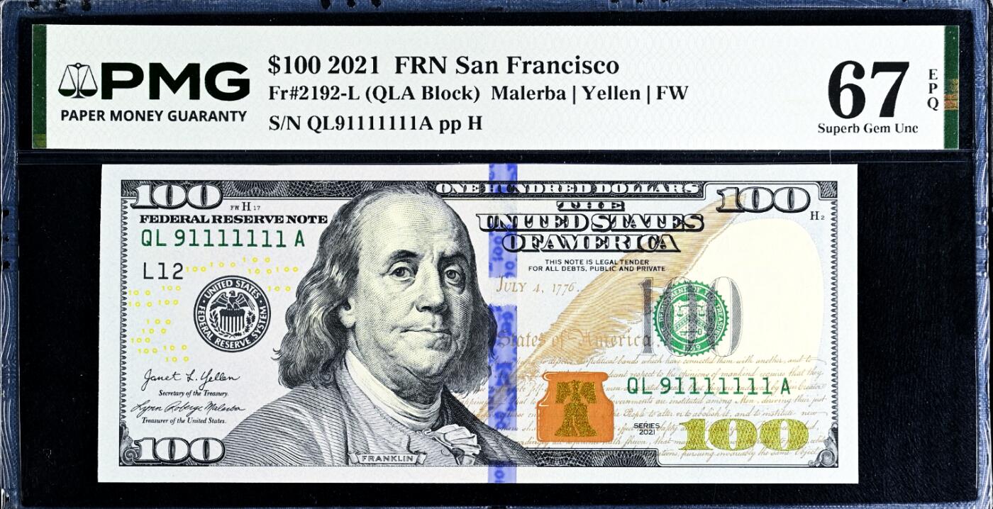 【Blue Auction】世界纸币精拍第812期——18级TOP拍卖/信誉/品质/专业/高效💫 【靓号91111111 倒置号 近全同1 少见旧金山版】美国 2021年100美金 PMG67EPQ 高分