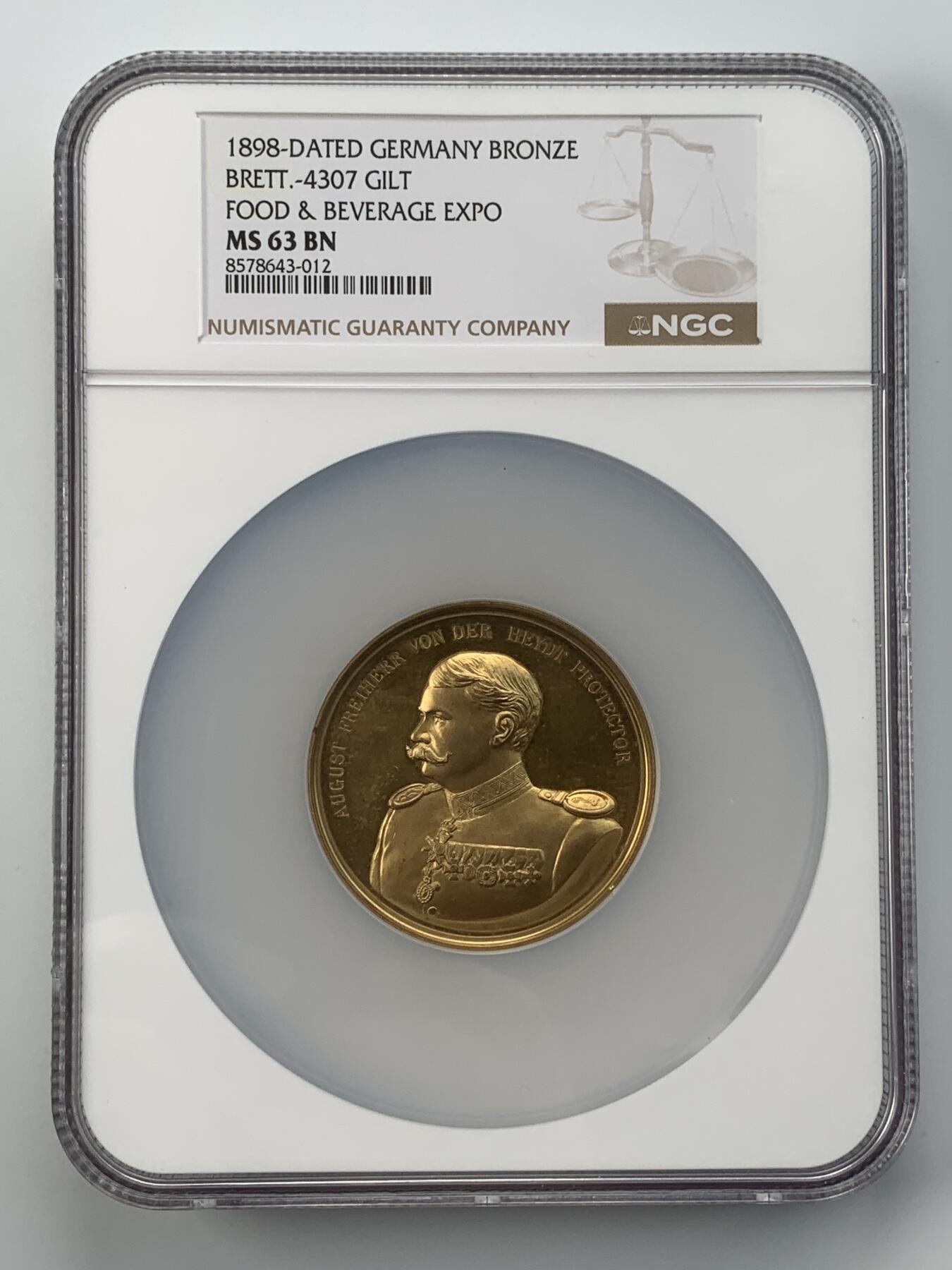 掌中浮雕-藏着的欧洲第059场 NGC MS63 : 1898年德国埃尔伯费尔德食品博览会镀金大铜章， 50mm 