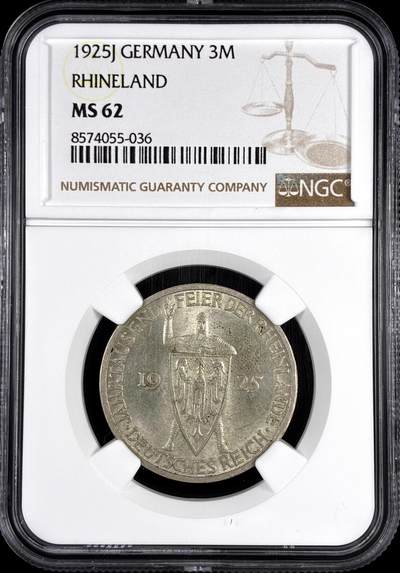 【雨安】【直播拍卖】【评级币章-132期】 2026-04-25 周六 19:30 (金价1050, 银价18.60)  [评级德国] Germany 德国 魏玛 3马克 KM#46 莱茵兰千年 1925年J  NGC-MS62