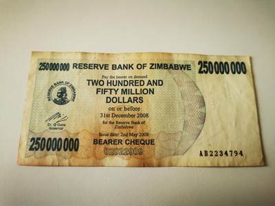 零零发流通品外国纸币拍卖 无佣金 津巴布韦250000000