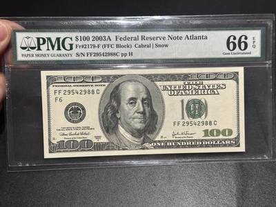 《外钞收藏家》第六百二十九期（精品场）（长期征集拍品、欢迎藏友们联系合作） 2003年美国大头版100美元 PMG66 尾988