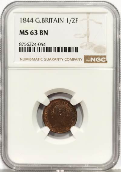博洋堂“生趣盎然”4月精品专场暨第169期（全场包邮） NGC MS63BN 英国1844年维多利亚1/2法新铜币 设计简约大气、精致小巧的一枚 ，状态难得