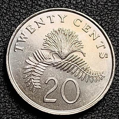 泉币菌-第230场-拍品多 请提前出价 1987 高币值 新加坡20分 绒球花 高盾徽版 直径21.36mm