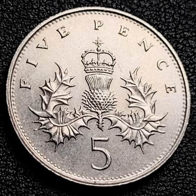 泉币菌-第230场-拍品多 请提前出价 早期老版 1989年英国大5便士镍币 皇冠蓟草 23mm 