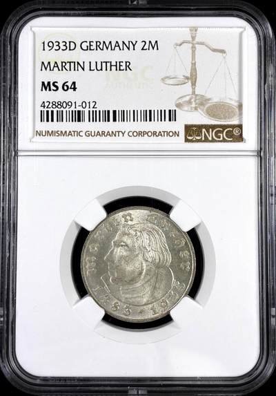 【雨安】【直播拍卖】【评级币章-132期】 2026-04-25 周六 19:30 (金价1050, 银价18.60)  [评级德国] Germany 德国 第三帝国 2马克 马丁路德 1933年D  NGC-MS64