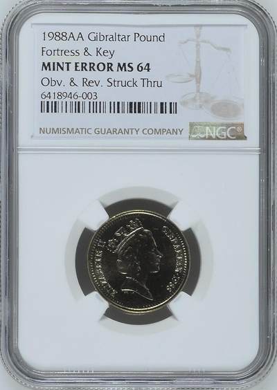 S&S Numismatic世界钱币-拍卖 第126期  直布罗陀1988年1英镑 NGC MINT ERROR MS64 造币厂错误-正反面撞击穿透