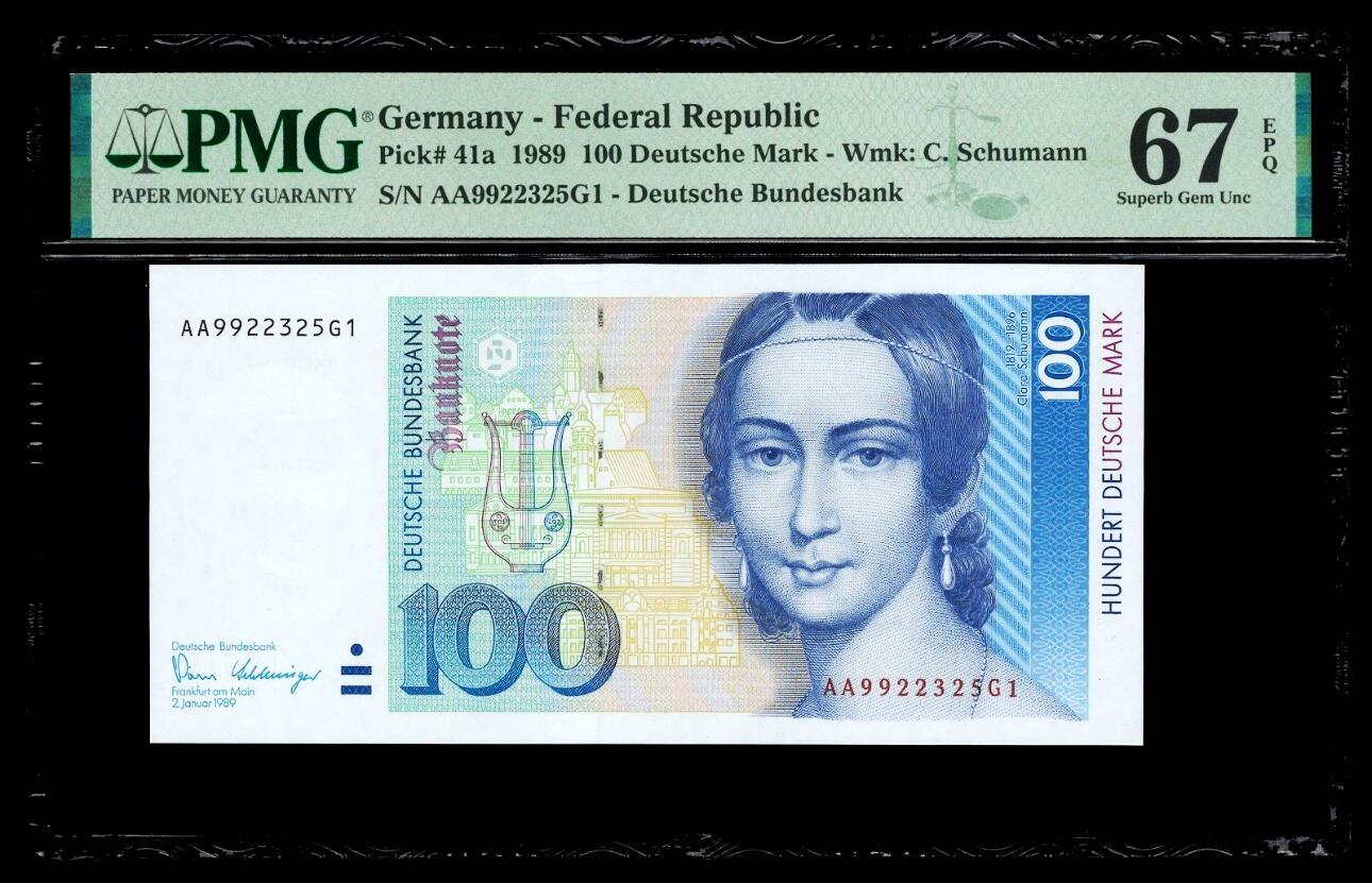 【Blue Auction】世界纸币精拍第812期——18级TOP拍卖/信誉/品质/专业/高效💫 【初版AA冠无47】德国 1989年100马克 克拉拉 PMG67EPQ 