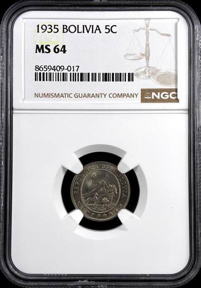 【雨安】【直播拍卖】【评级币章-132期】 2026-04-25 周六 19:30 (金价1050, 银价18.60)  [评级美洲] Bolivia 玻利维亚 5分 1935年  NGC-MS64