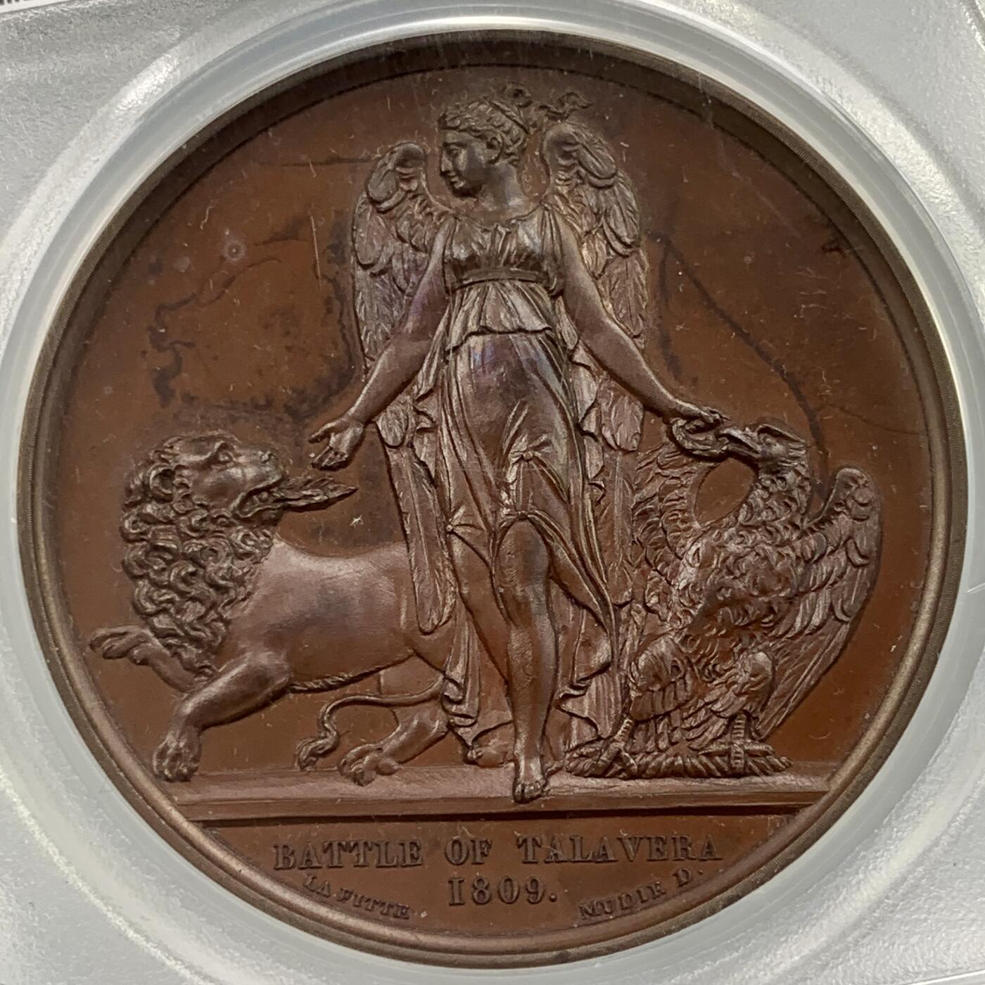 掌中浮雕-藏着的欧洲第059场 PCGS PR64  : 1809年英国惠灵顿公爵塔拉维拉战役胜利纪念铜章 , 41mm, 盒子有裂，不影响密封