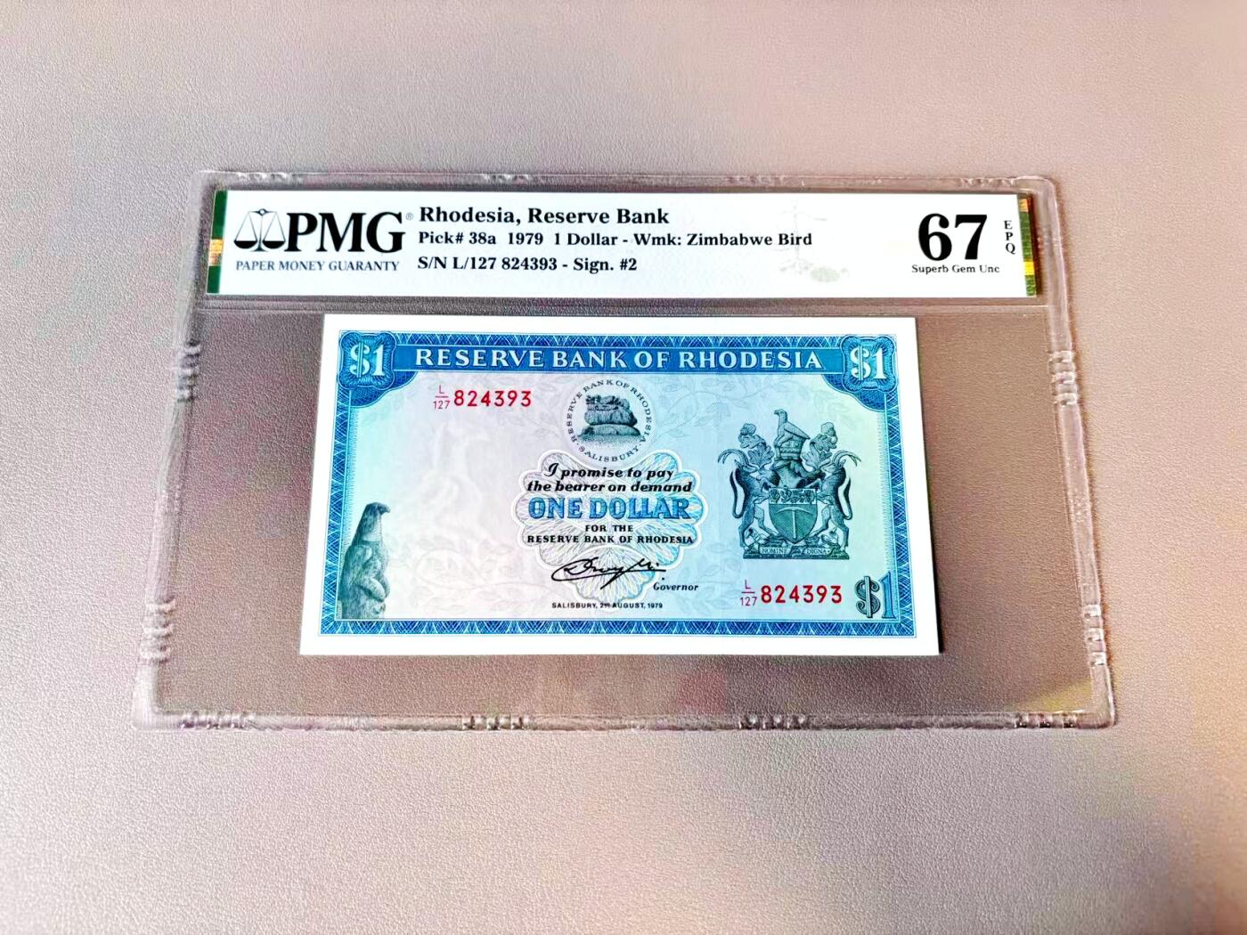 【Blue Auction】世界纸币精拍第812期——18级TOP拍卖/信誉/品质/专业/高效💫 罗德西亚 1979年1元 PMG67EPQ 