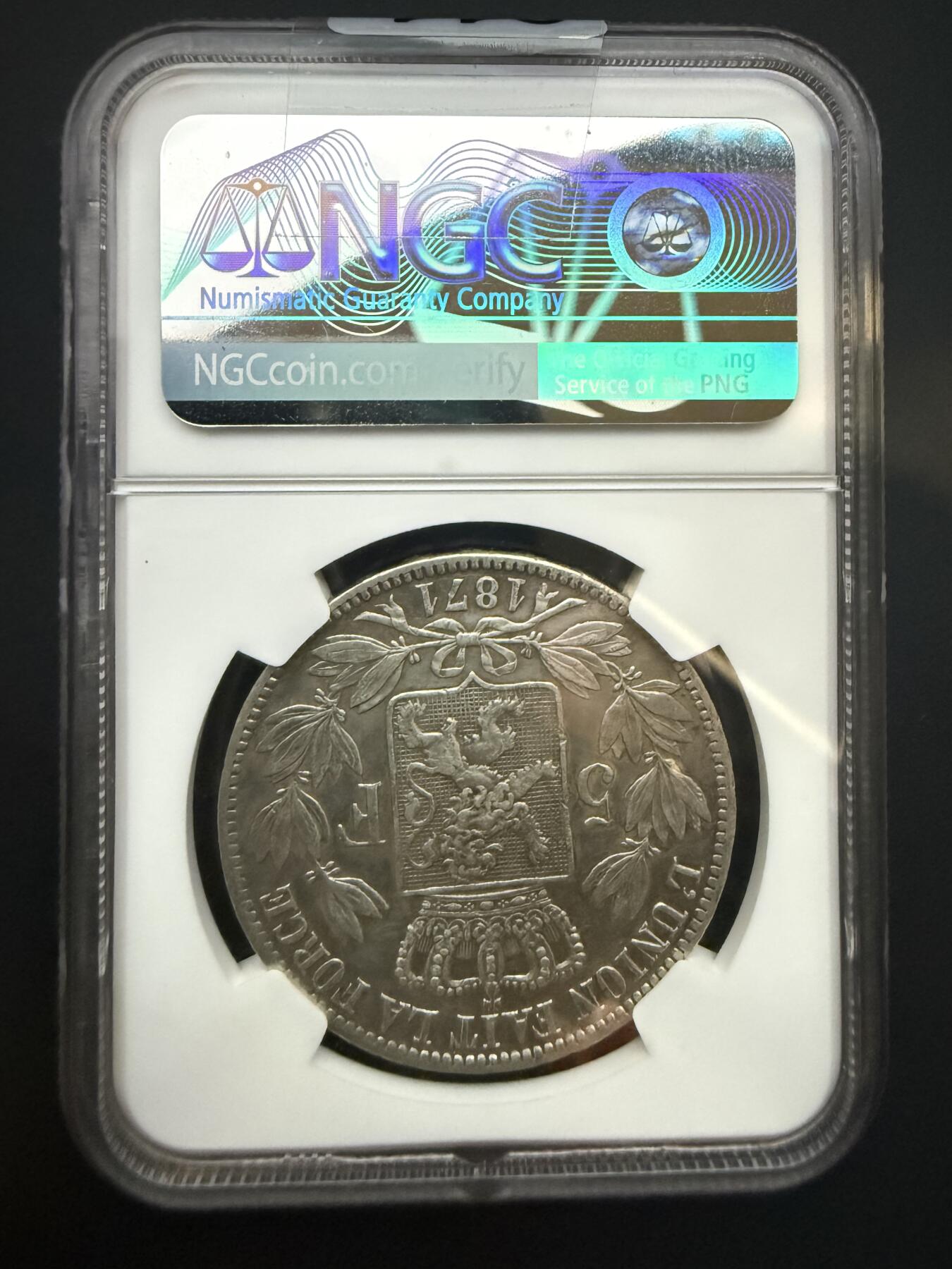 【周六 19:30】乾藏阁外国银币专场・裸币 / 评级币 + 银章铜章 保真包老 比利时1871年利奥波德二世5法郎银币 NGC XF Details