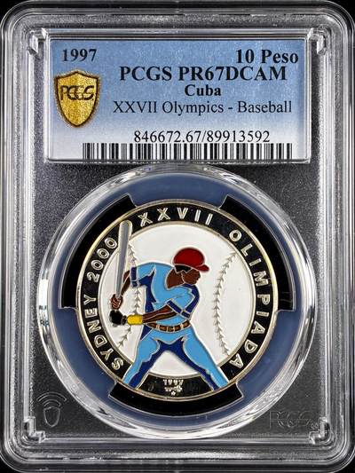 【雨安】【直播拍卖】【评级币章-132期】 2026-04-25 周六 19:30 (金价1050, 银价18.60)  [评级现代] Cuba 古巴 10比索 1997年 奥运会-棒球 PCGS-PR67DCAM 精制币