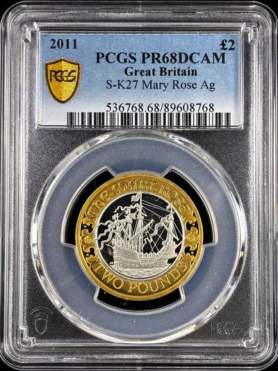 【雨安】【直播拍卖】【评级币章-132期】 2026-04-25 周六 19:30 (金价1050, 银价18.60)  [评级现代] Great Britain 英国 2镑 2011年 玛丽·罗斯号 [12.00克,  0.925银] PCGS-PR68DCAM 精制币