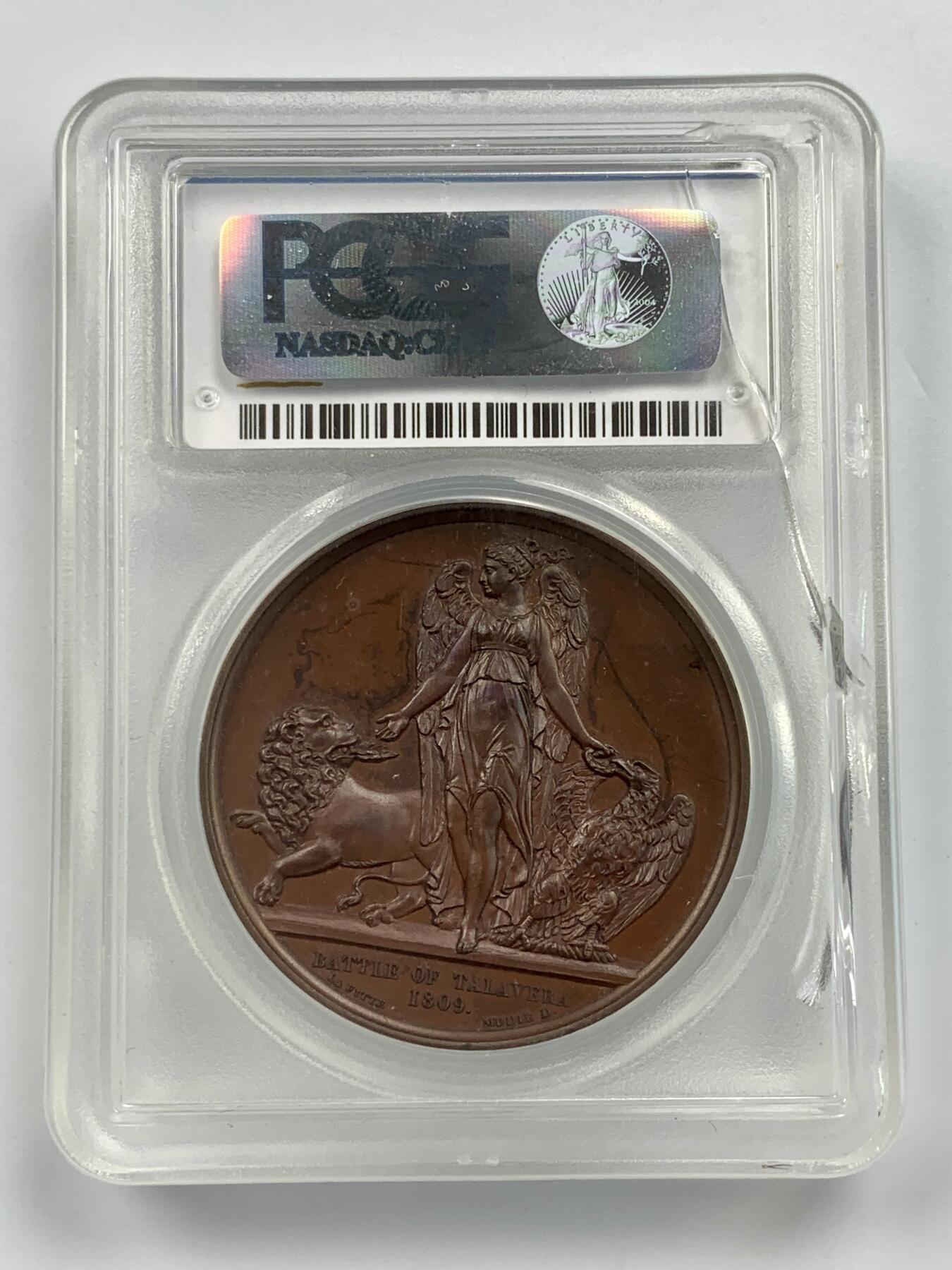 掌中浮雕-藏着的欧洲第059场 PCGS PR64  : 1809年英国惠灵顿公爵塔拉维拉战役胜利纪念铜章 , 41mm, 盒子有裂，不影响密封