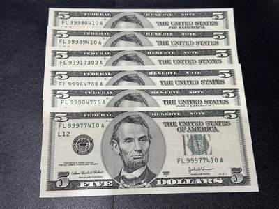 《外钞收藏家》第六百二十九期（精品场）（长期征集拍品、欢迎藏友们联系合作） 2003年美国大头版5美元 6张一起 全新UNC 999豹子头