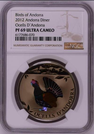 S&S Numismatic世界钱币-拍卖 第126期  安道尔2012年 安道尔的鸟类-西方松鸡 1第纳尔精制彩色炫彩纪念币 NGC PF69UC