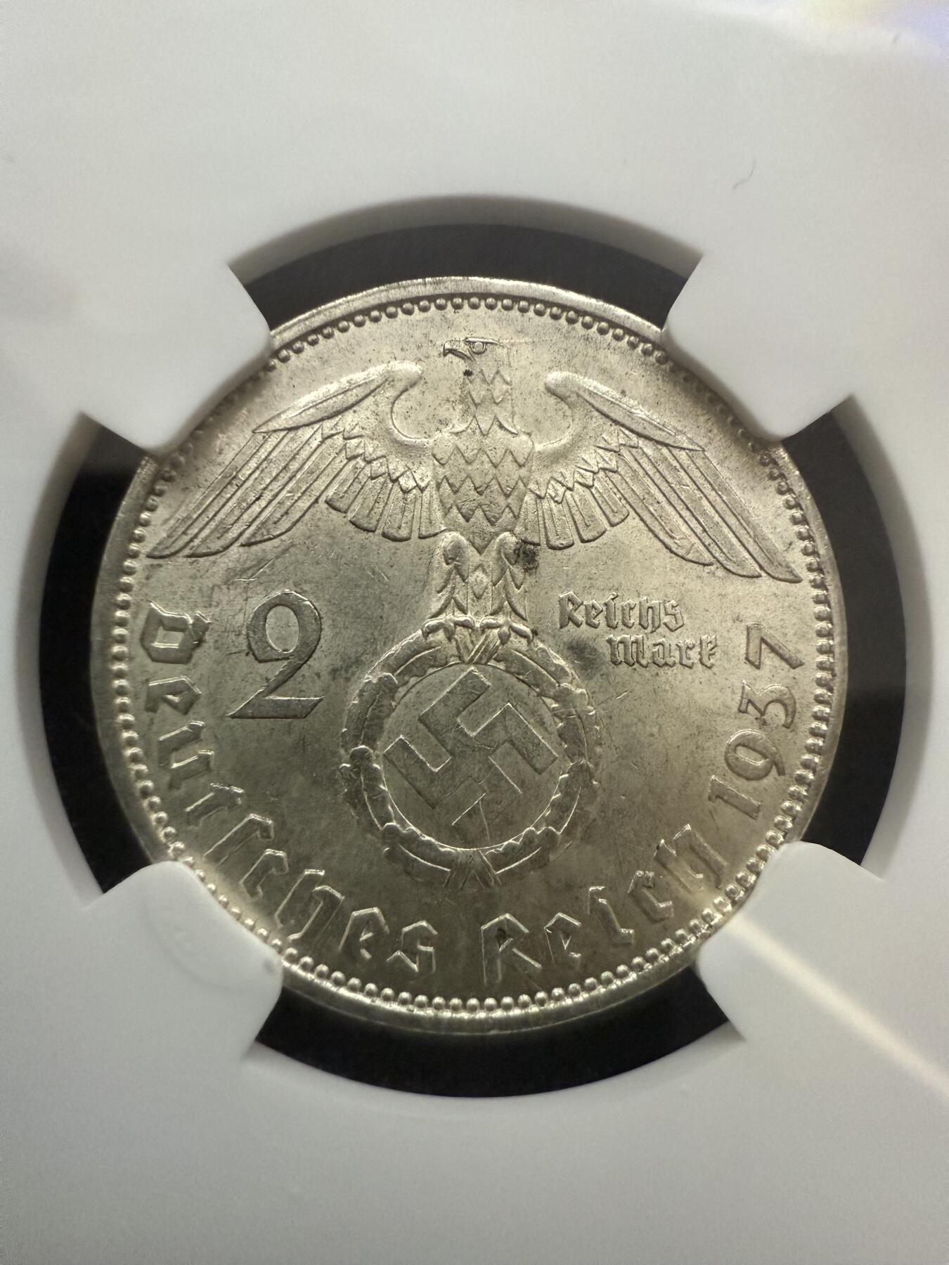 【周六 19:30】乾藏阁外国银币专场・裸币 / 评级币 + 银章铜章 保真包老 德国1937年A厂版 2马克兴登堡银币 NGC MS63