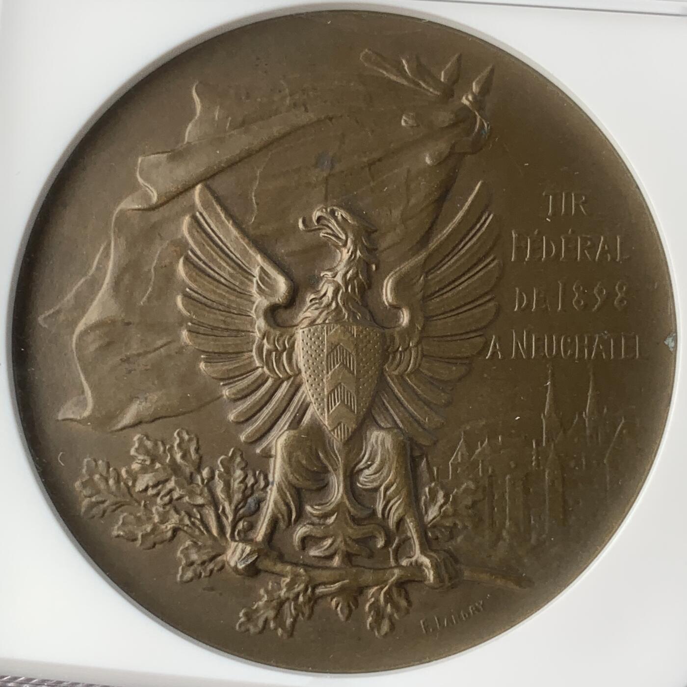 掌中浮雕-藏着的欧洲第059场 NGC MS64 : 1898年瑞士纳沙泰尔射击节铜章，45mm