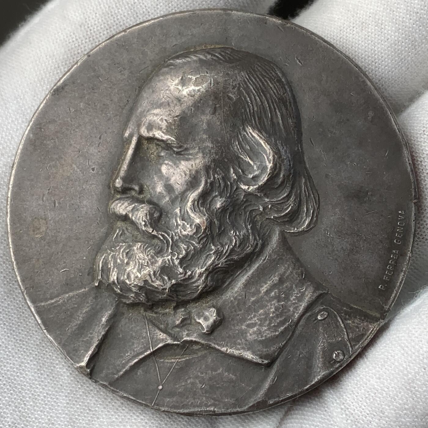 掌中浮雕-藏着的欧洲第059场 1910年意大利颁发的朱塞佩·加里波第(Giuseppe Garibaldi)“千人远征”50周年纪念银章，55mm，90.5g