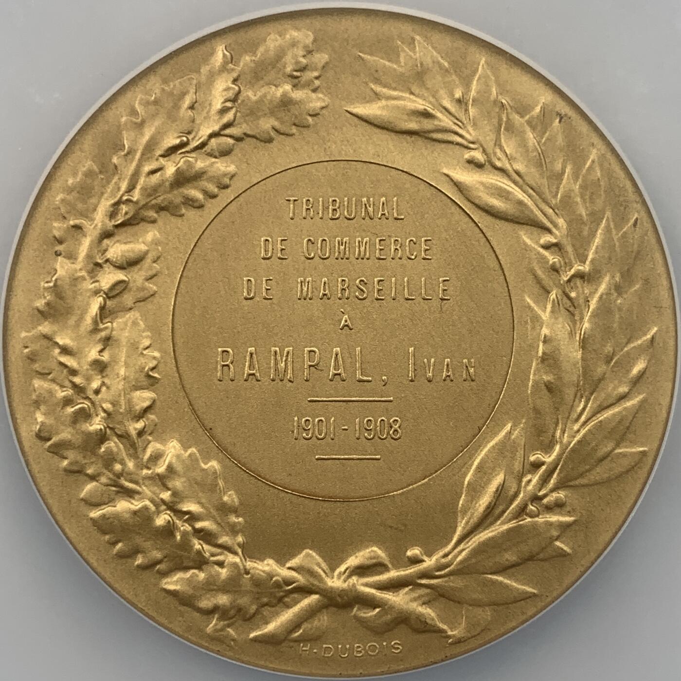 掌中浮雕-藏着的欧洲第059场 NGC MS66 ：1908年法国马赛商业法庭镀金银章，50mm