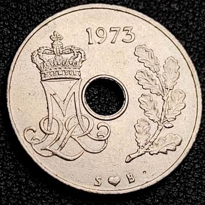 泉币菌-第231场-拍品多 请提前出价 丹麦1973年25欧尔中孔镍币 玛格丽特二世花押 
