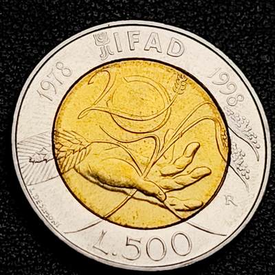 泉币菌-第231场-拍品多 请提前出价 原光美品 意大利1998年农业发展基金20周年 500里拉双色纪念币 26mm